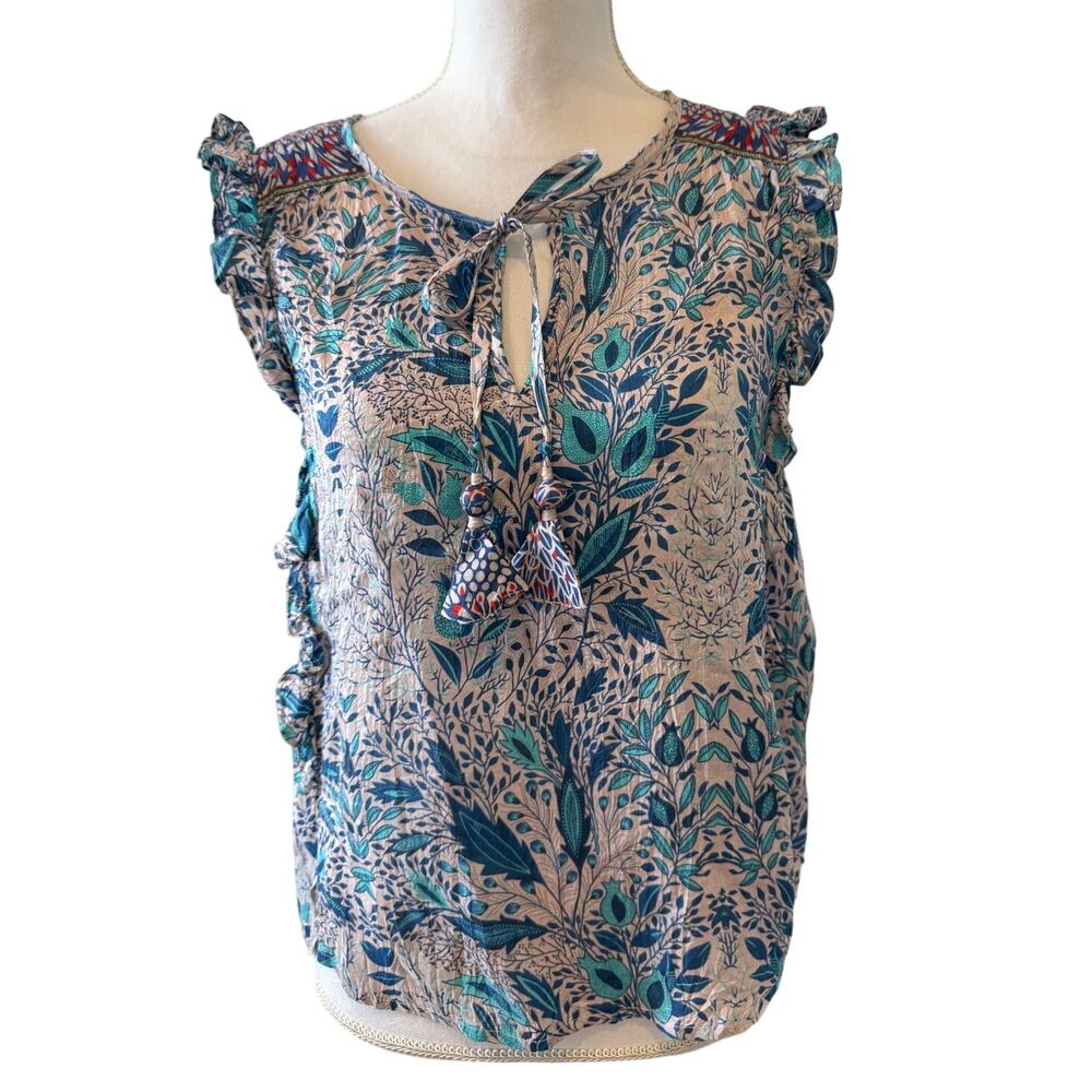 Calypso St. Barth Beige Floral Tie-Neck Ruffle Sleeveless Top